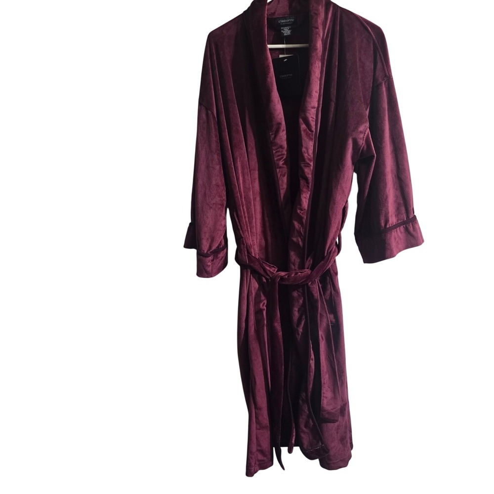 Claiborne Sleepwear Robe Mens OS Burgundy Plush Velvet Shawl Collar Loungewear